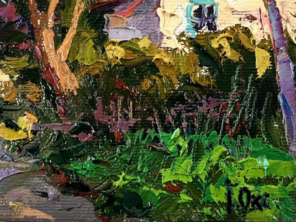 Vibrant impressionist oil painting of Oksana Ivanyuk village street garden