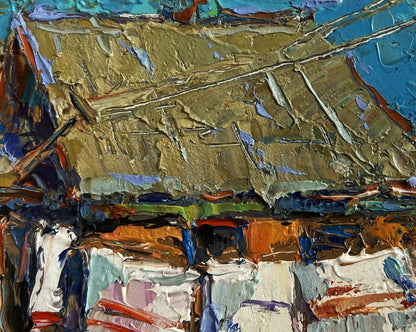 Oil painting of village courtyard by Oksana Ivanyuk in gold, blue tones