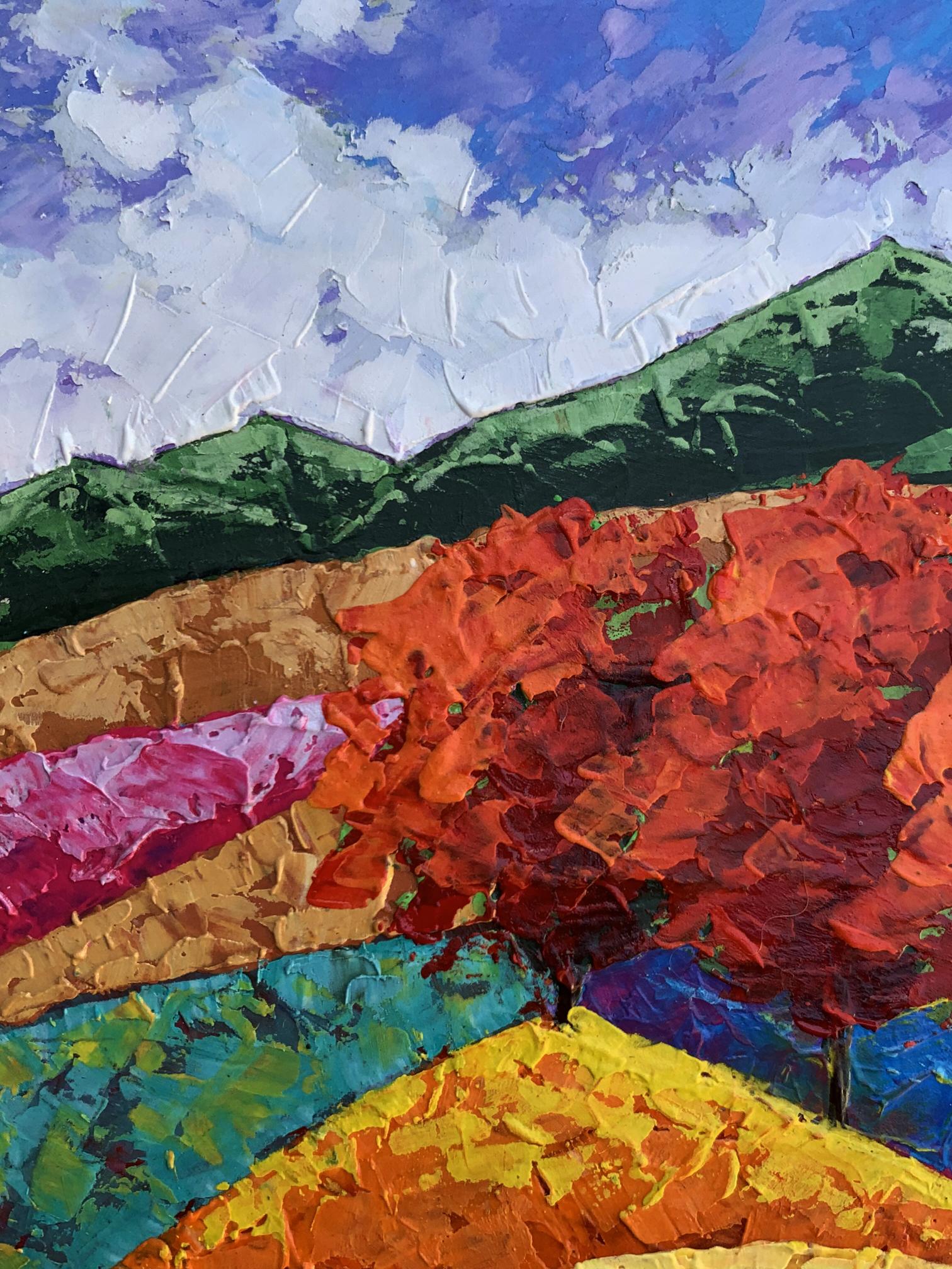 Vibrant impressionist oil painting of three trees, mountains by V. Zadorozhnya