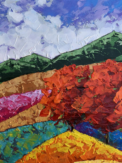 Vibrant impressionist oil painting of three trees, mountains by V. Zadorozhnya