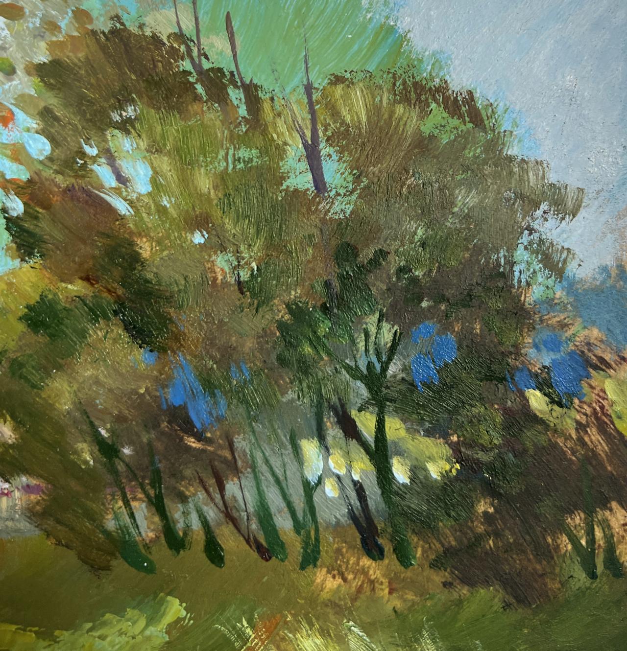 Vibrant impressionistic oil painting of lush green bush with blue yellow flowers by Yuriy Suprunchuk
