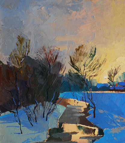 Textured impressionist oil painting of snowy winter evening by Egor Shvachunov