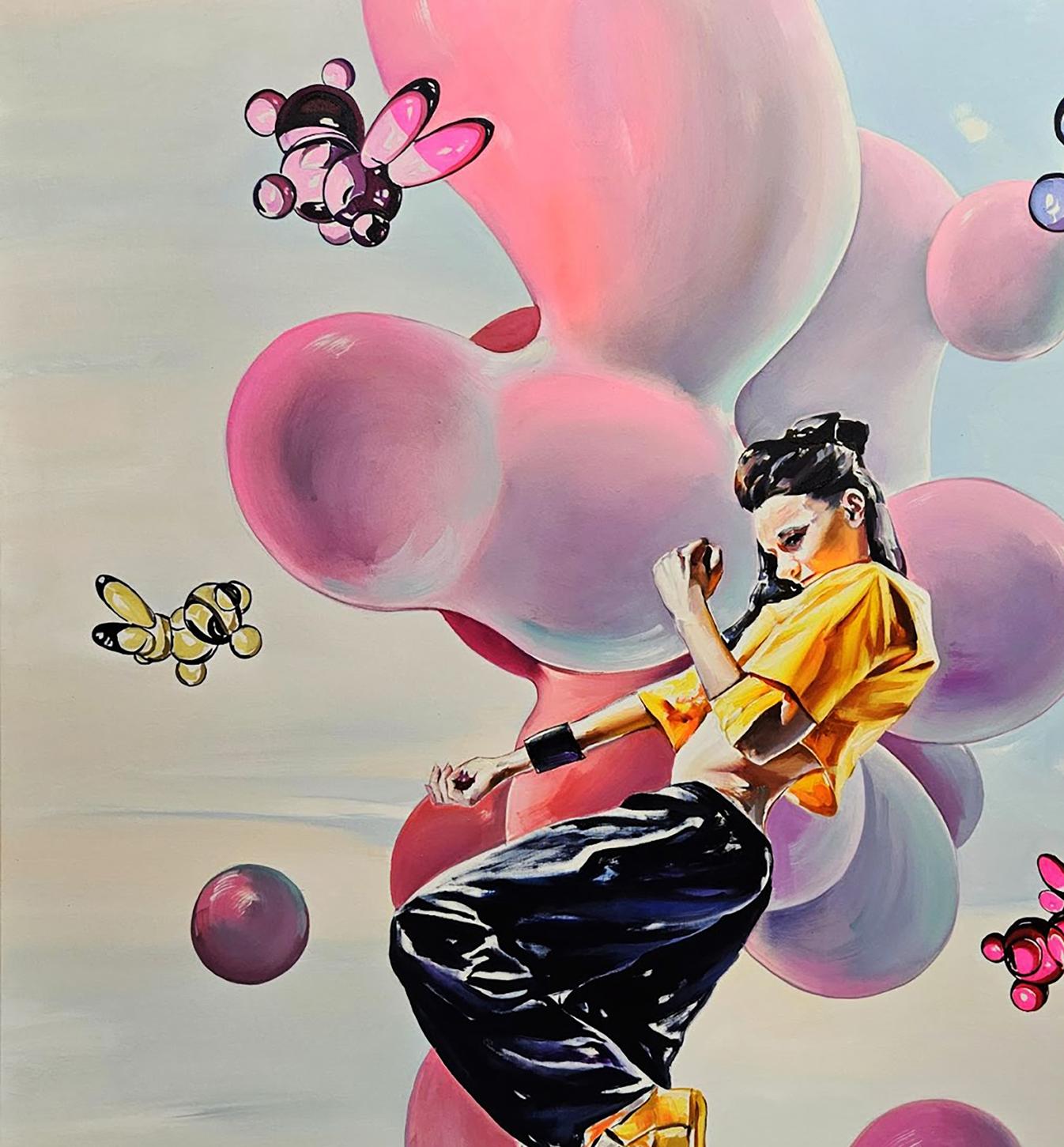 Vibrant oil painting of TikTok girl dancing by Igor Konovalov with pink balloons
