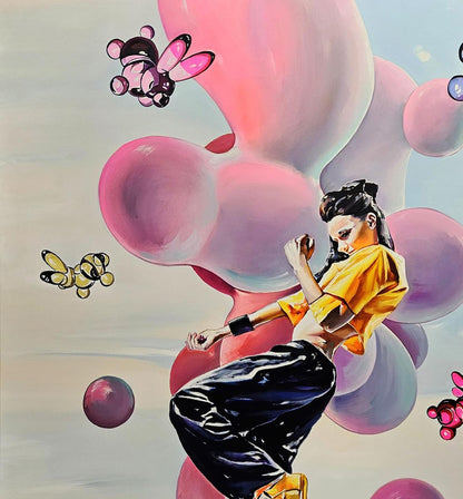 Vibrant oil painting of TikTok girl dancing by Igor Konovalov with pink balloons