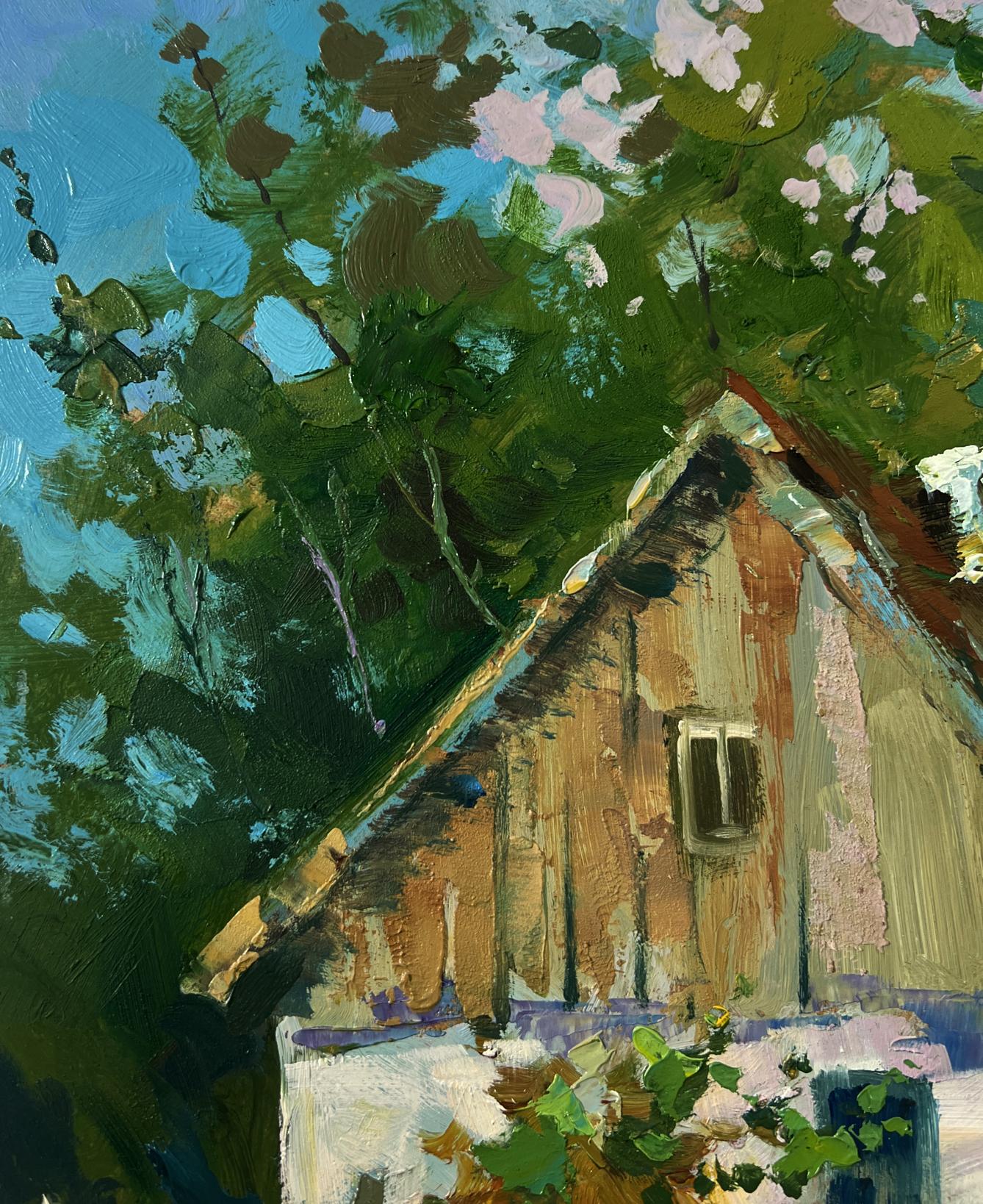Weathered wooden cabin oil painting by Yuriy Suprunchuk under green trees
