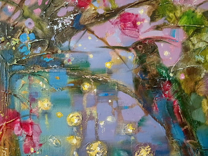 Vibrant abstract oil painting of hummingbird by Anatoly Tarabanov, Kupala night