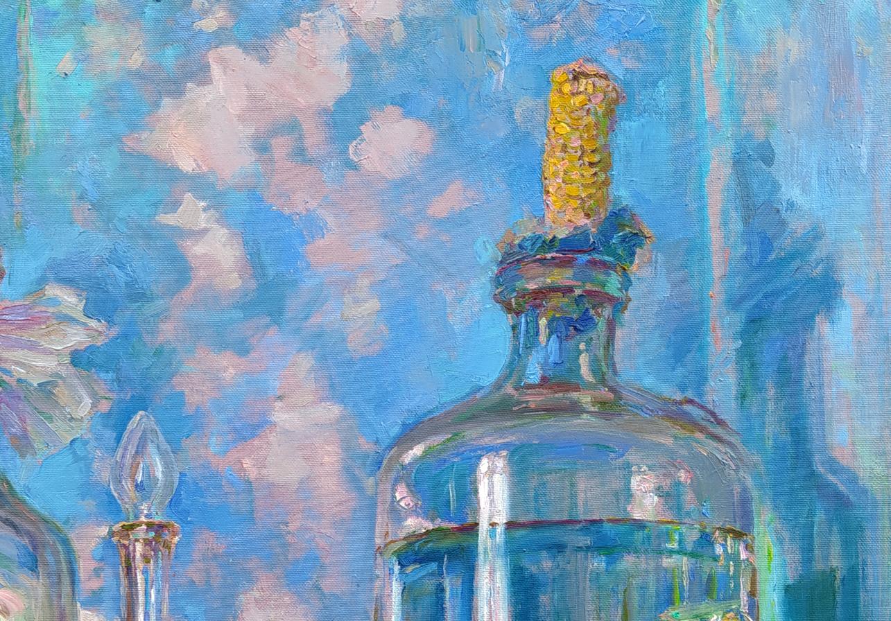 Clear glass bottle with yellow textured cork in Leonid Pavlenko oil painting