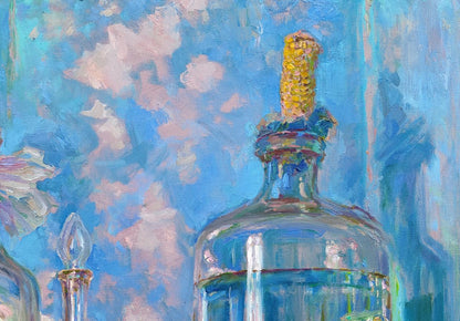 Clear glass bottle with yellow textured cork in Leonid Pavlenko oil painting