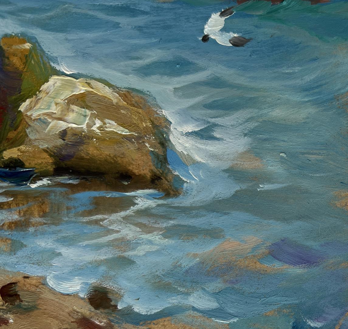 Oil painting of sailboats on sea horizon by Yuriy Suprunchuk with textured rock edge