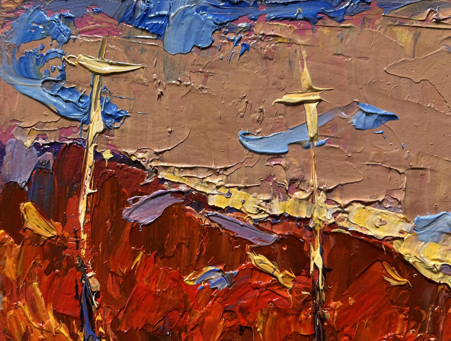 Vibrant oil painting of sailing into sunset by Oksana Ivanyuk