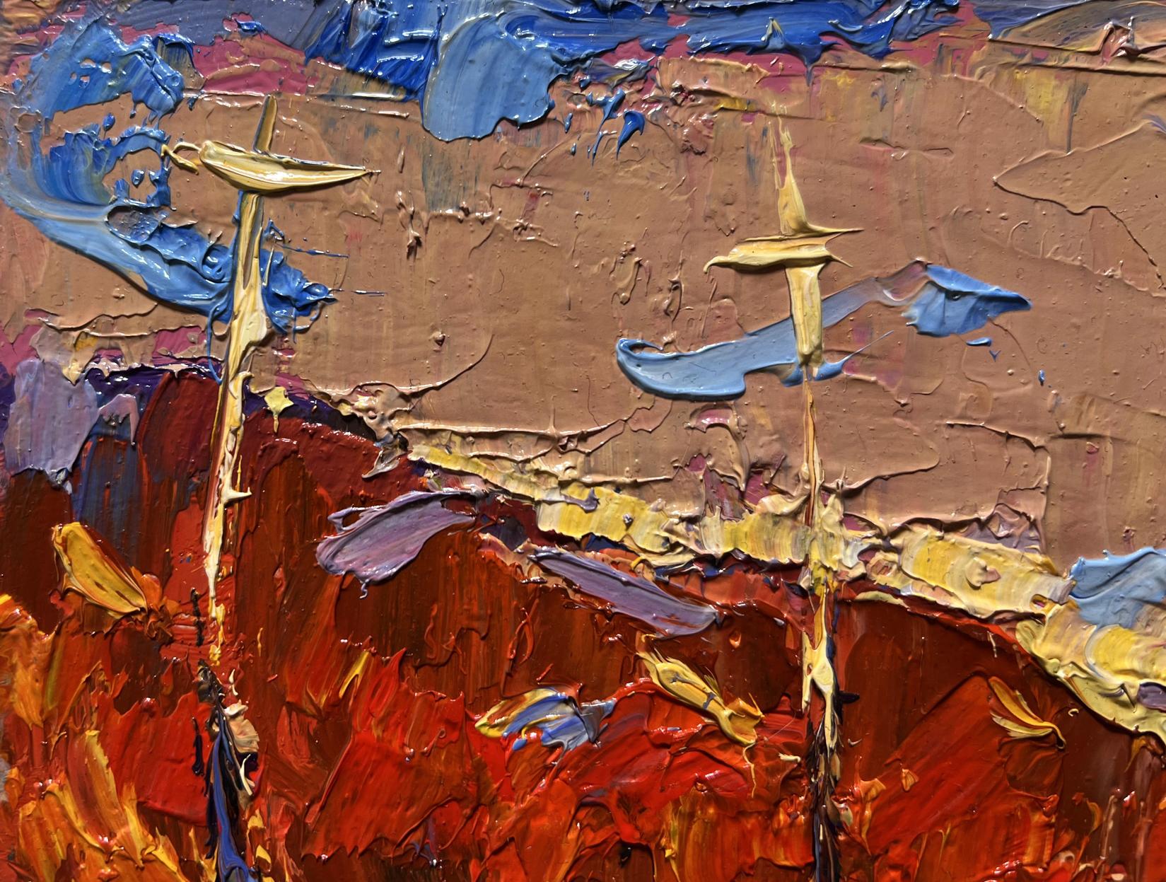 Vibrant oil painting of sailing into sunset by Oksana Ivanyuk