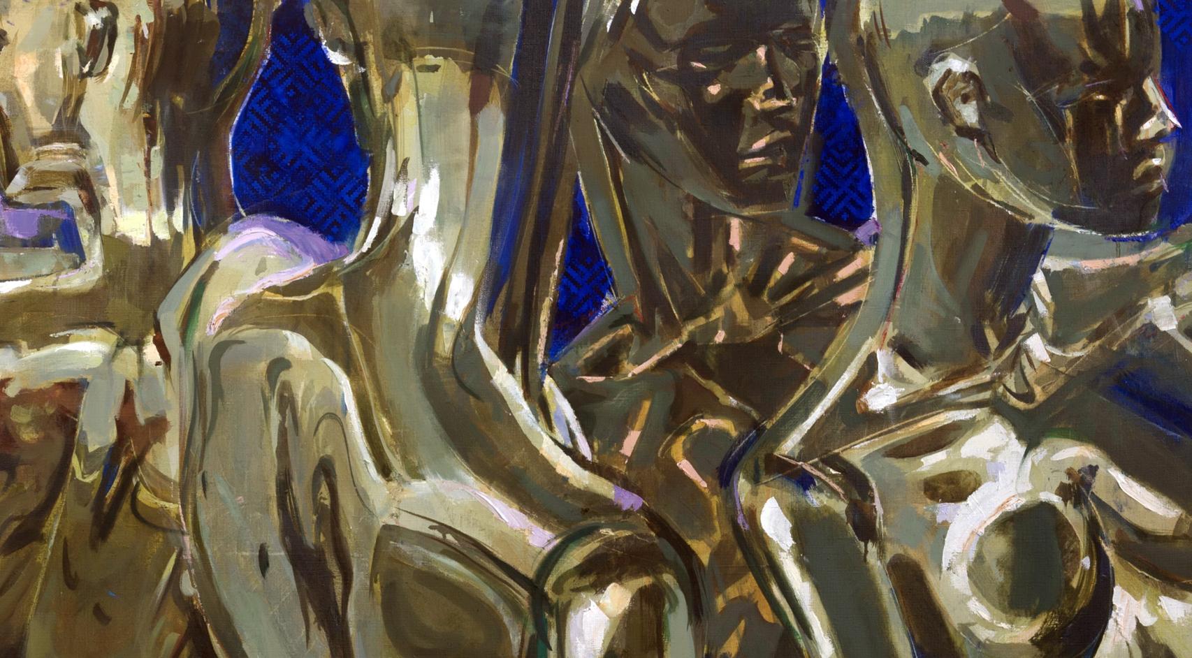 Shiny gold Oscar statuettes in Acrylic painting Pending Ed Potapenkov