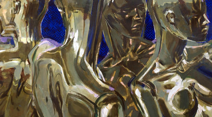 Shiny gold Oscar statuettes in Acrylic painting Pending Ed Potapenkov
