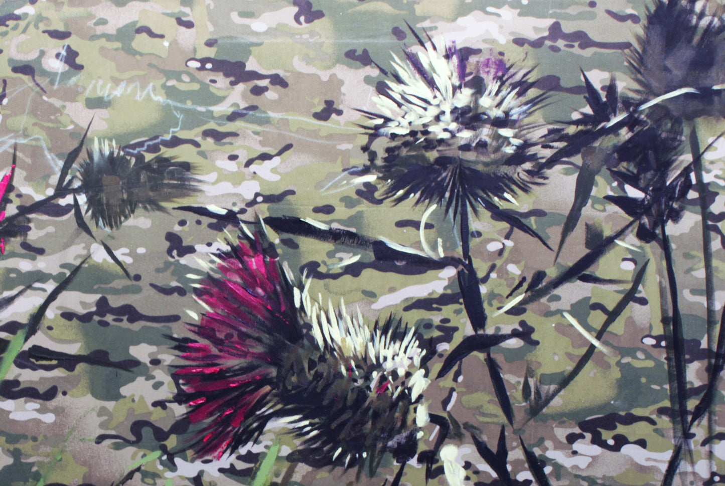 Oil painting Thistles Ed Potapenkov: red black thistle on camo fabric