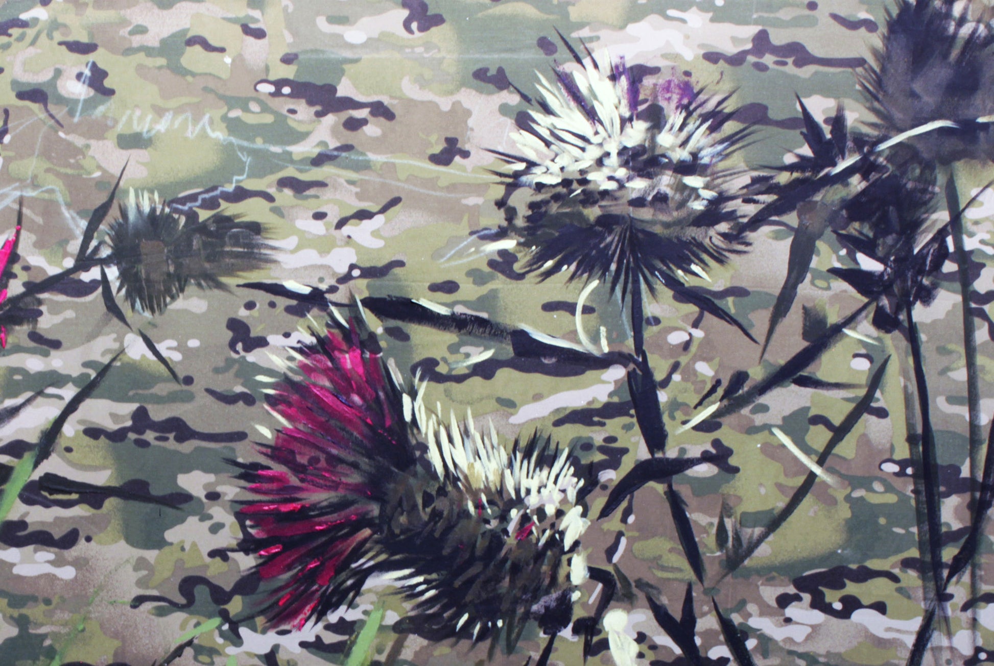 Oil painting Thistles Ed Potapenkov: red black thistle on camo fabric