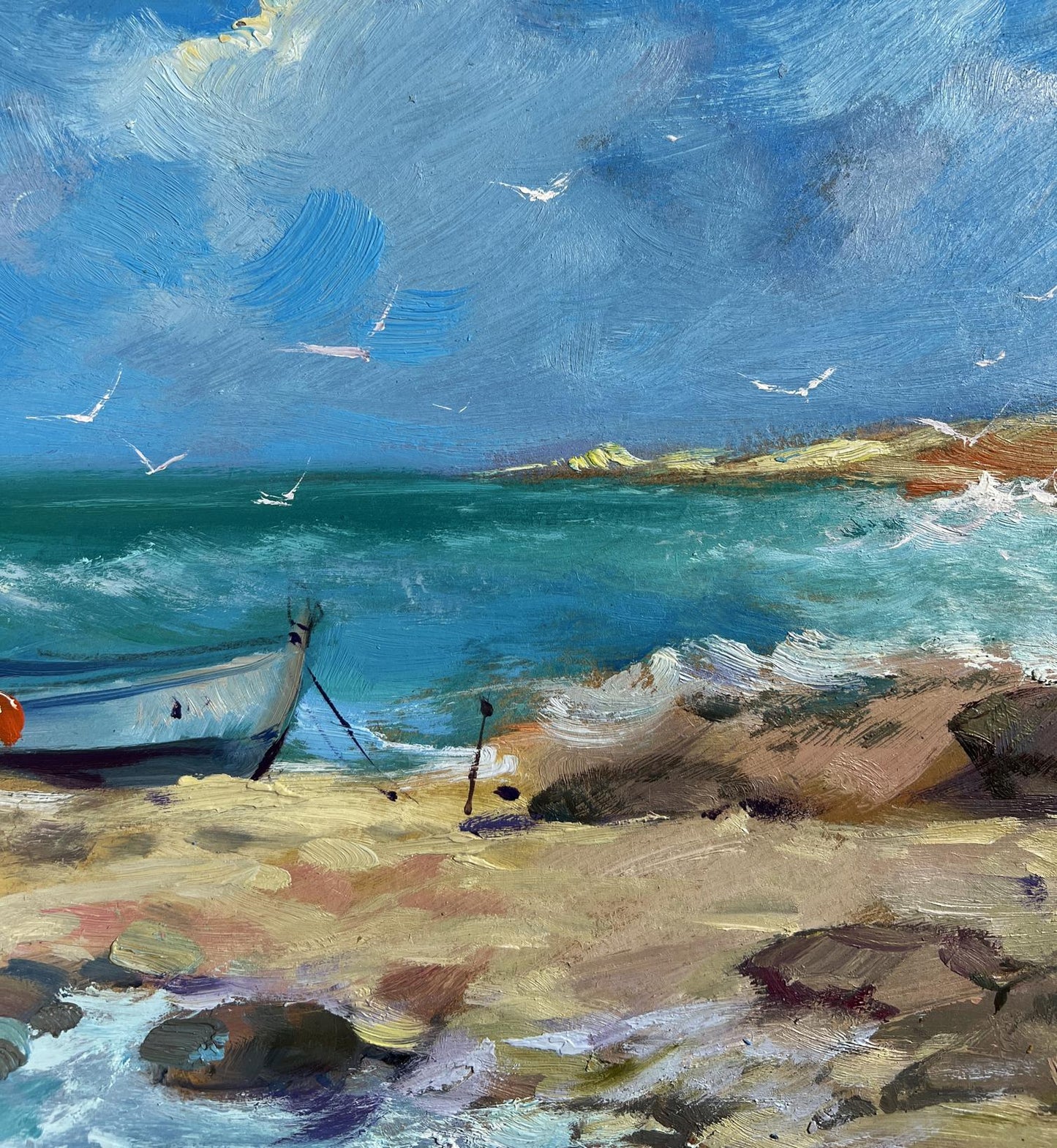 Oil painting Freedom over the sea by Yuriy Suprunchuk: rowboat on shore