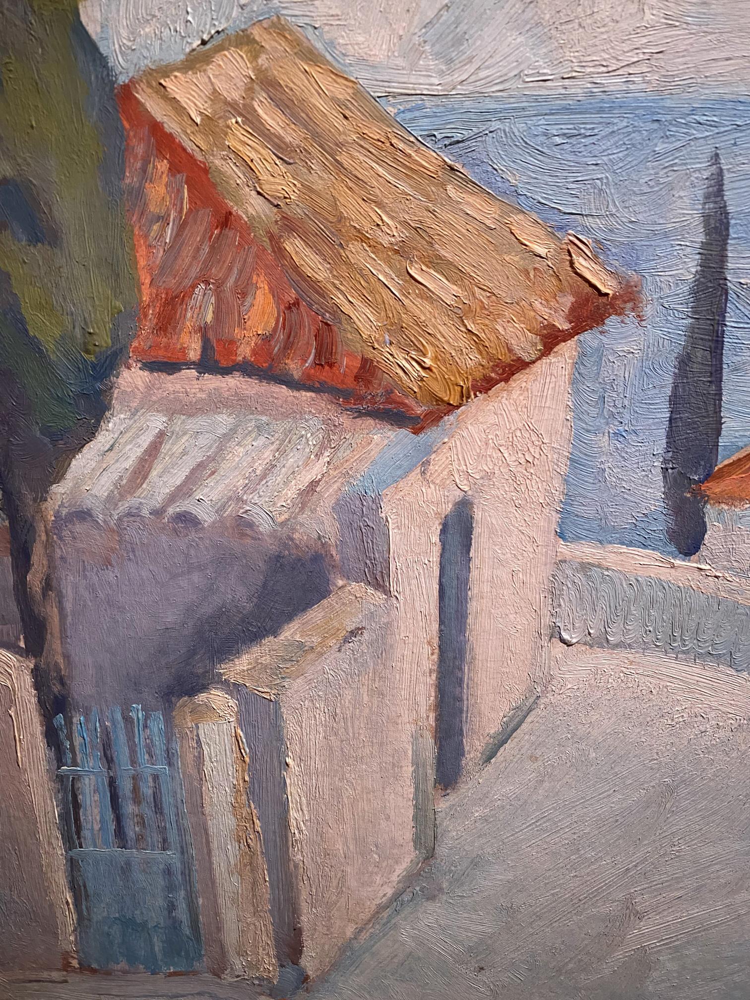Impressionistic oil painting of rustic thatched building with sea views