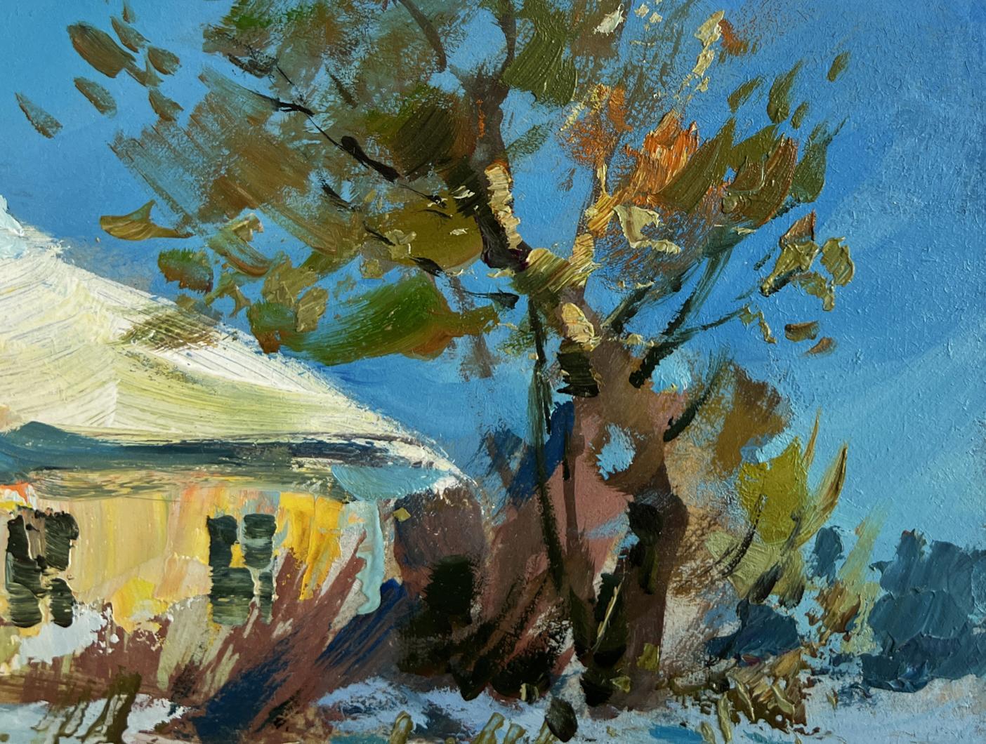 Oil painting of autumn tree by Yuriy Suprunchuk against blue sky