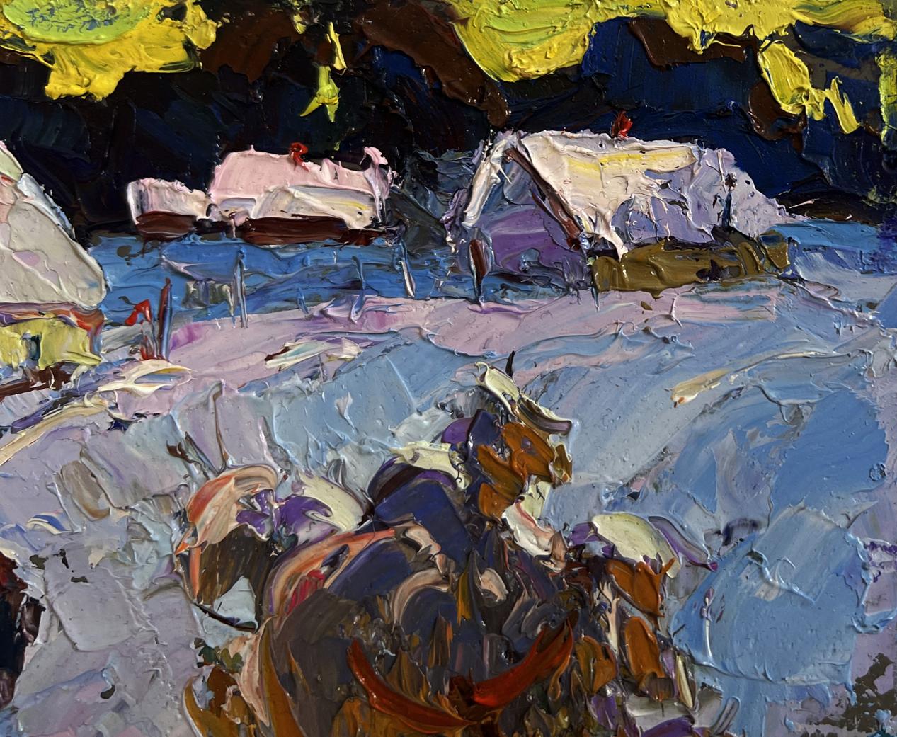 Vibrant impressionist oil painting of snowy village road by Oksana Ivanyuk