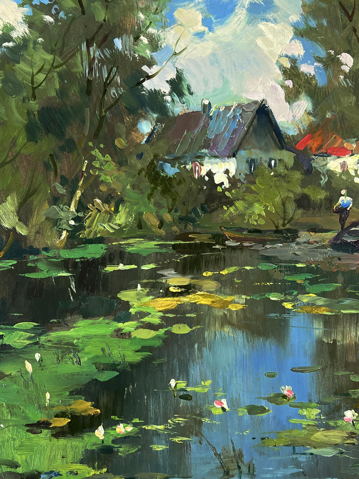 Serene impressionistic oil painting of village lake by Yuriy Suprunchuk