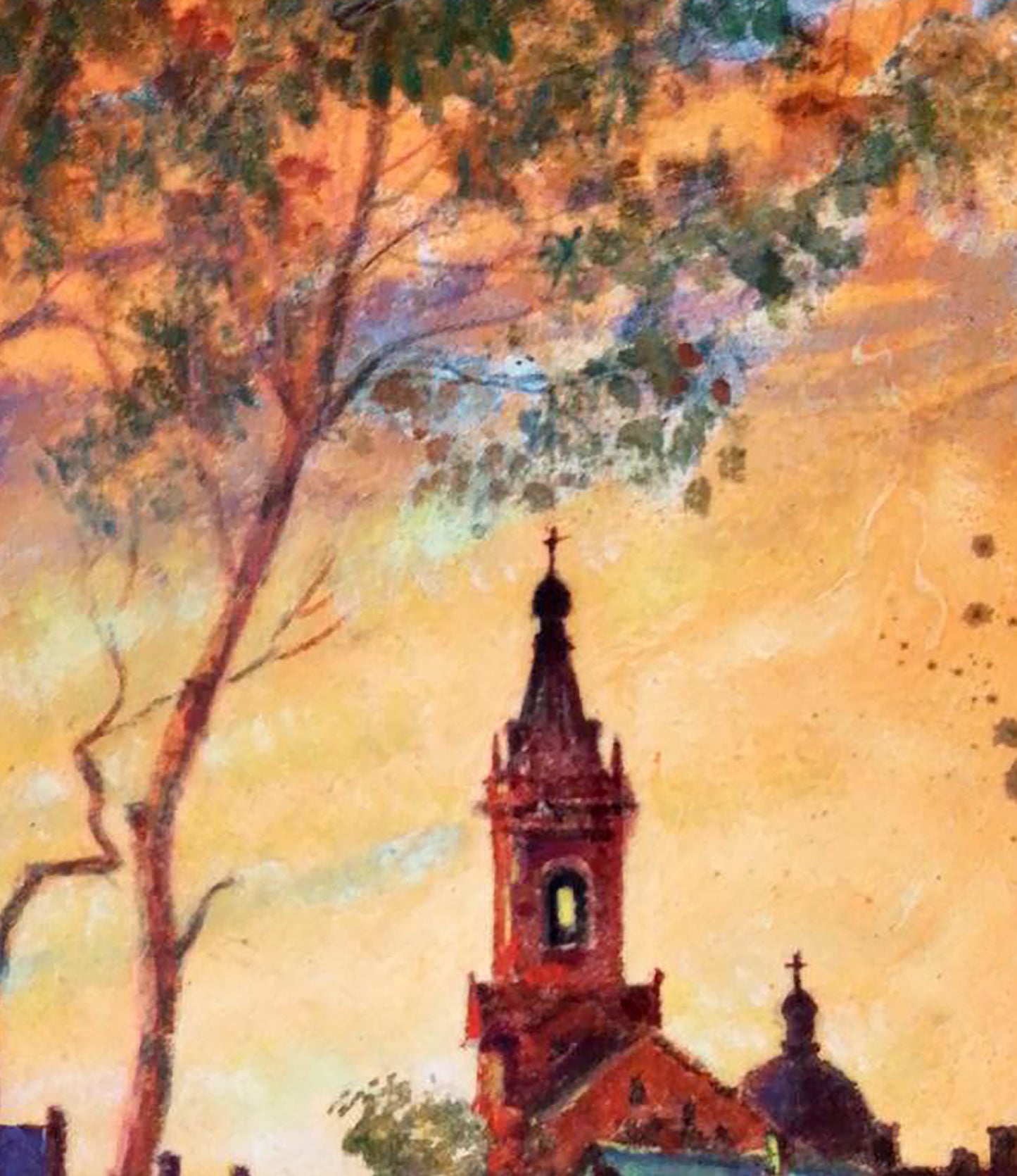 Oil painting of red brick church tower by Vitaly Duhnevich