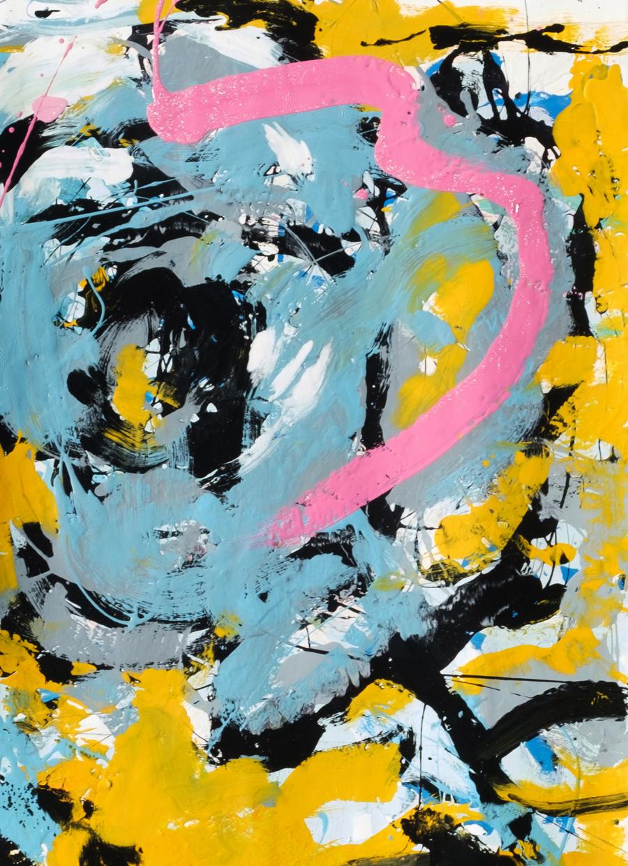 Vibrant Blue Rose oil painting by Natalia Korf-Ivaniuk with bold pink, yellow, blue, black strokes