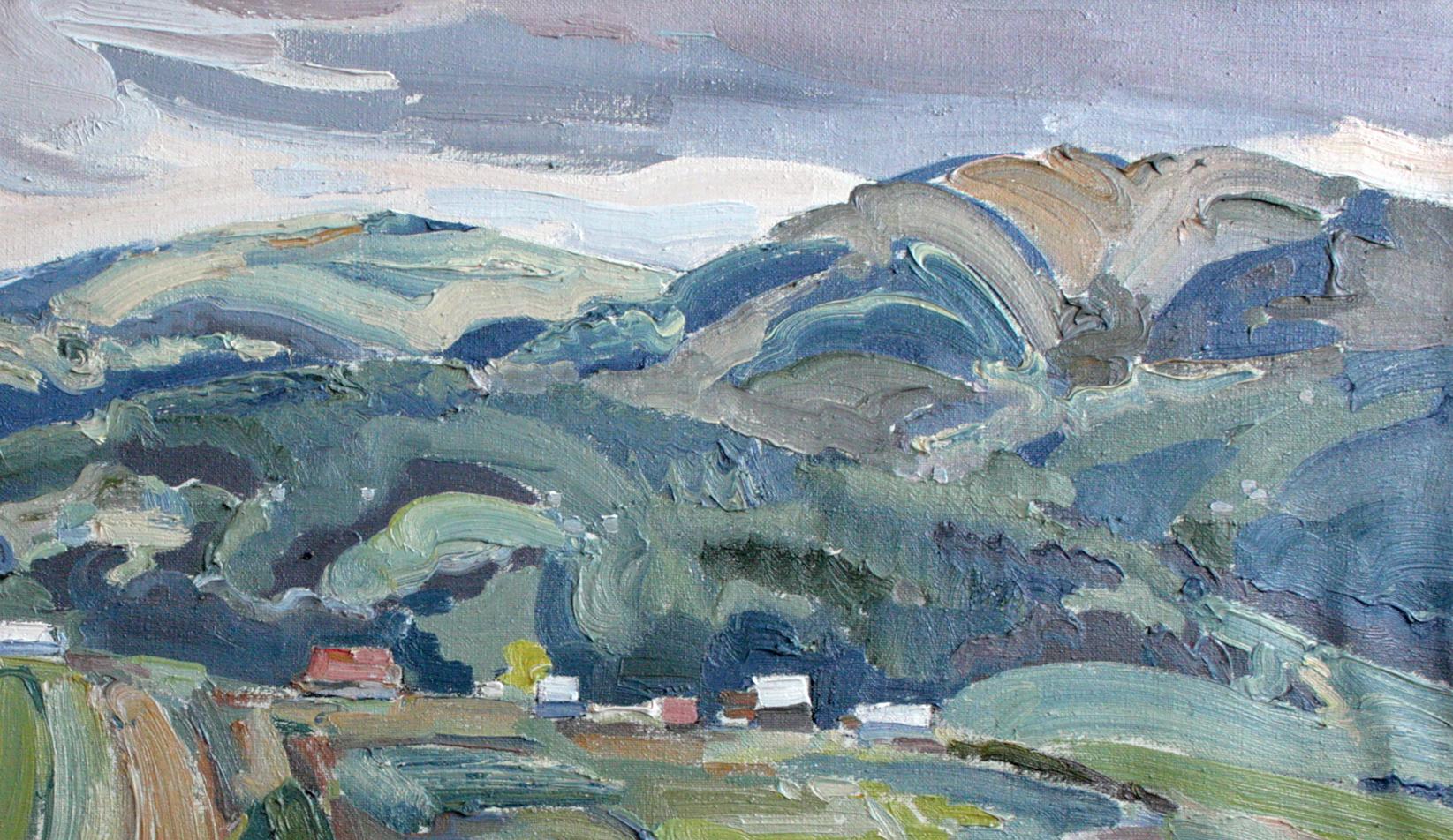 Oil painting Malachite Mountains by Leonid Pavlenko, textured blue green hills