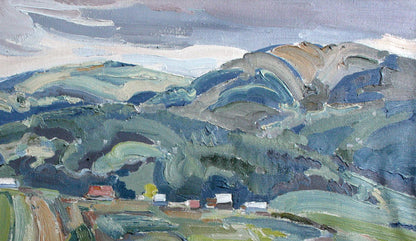 Oil painting Malachite Mountains by Leonid Pavlenko, textured blue green hills