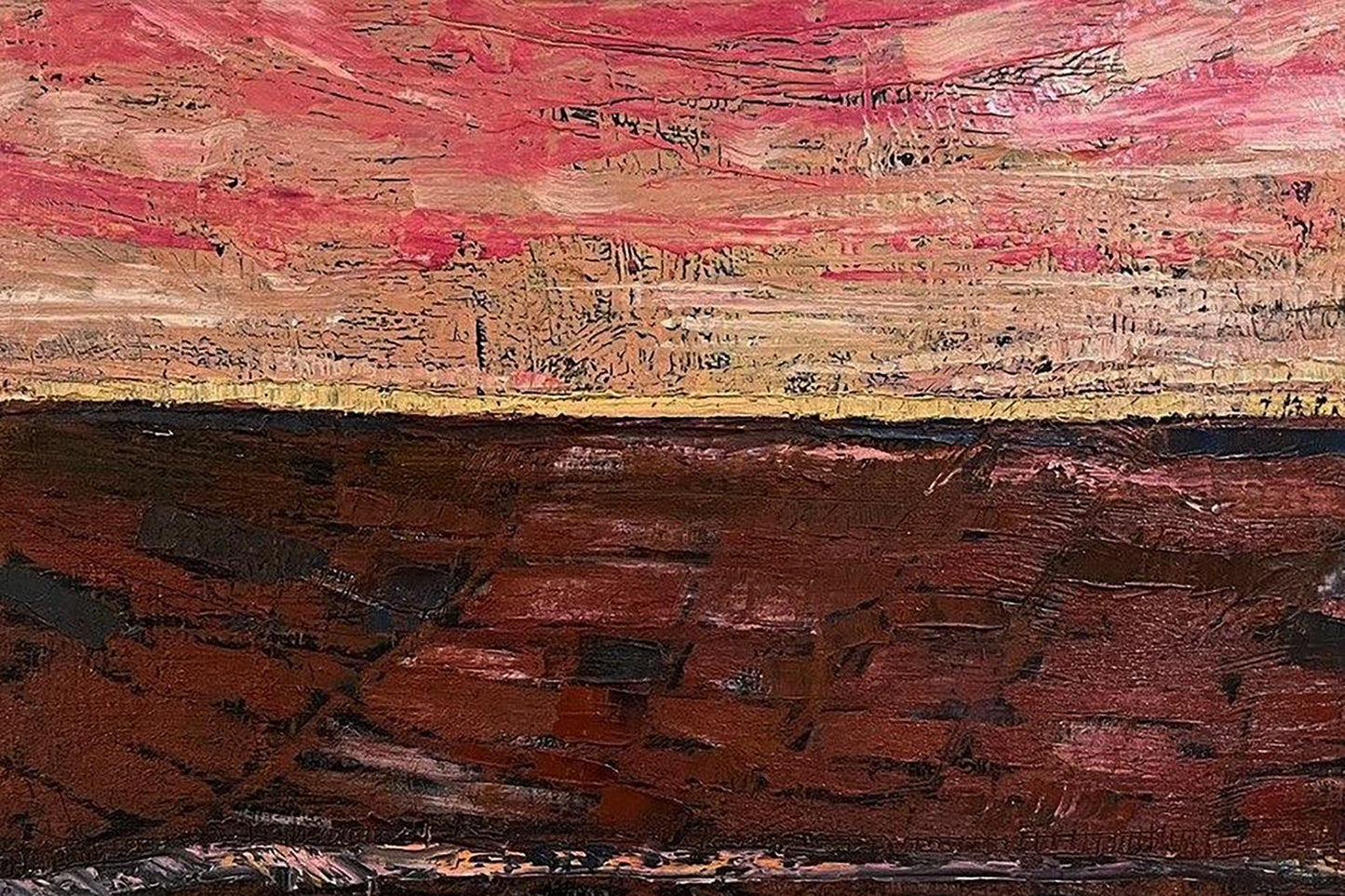 Oil painting Crimson Sunset by Serhiy Kovalev with red, brown, gold bands