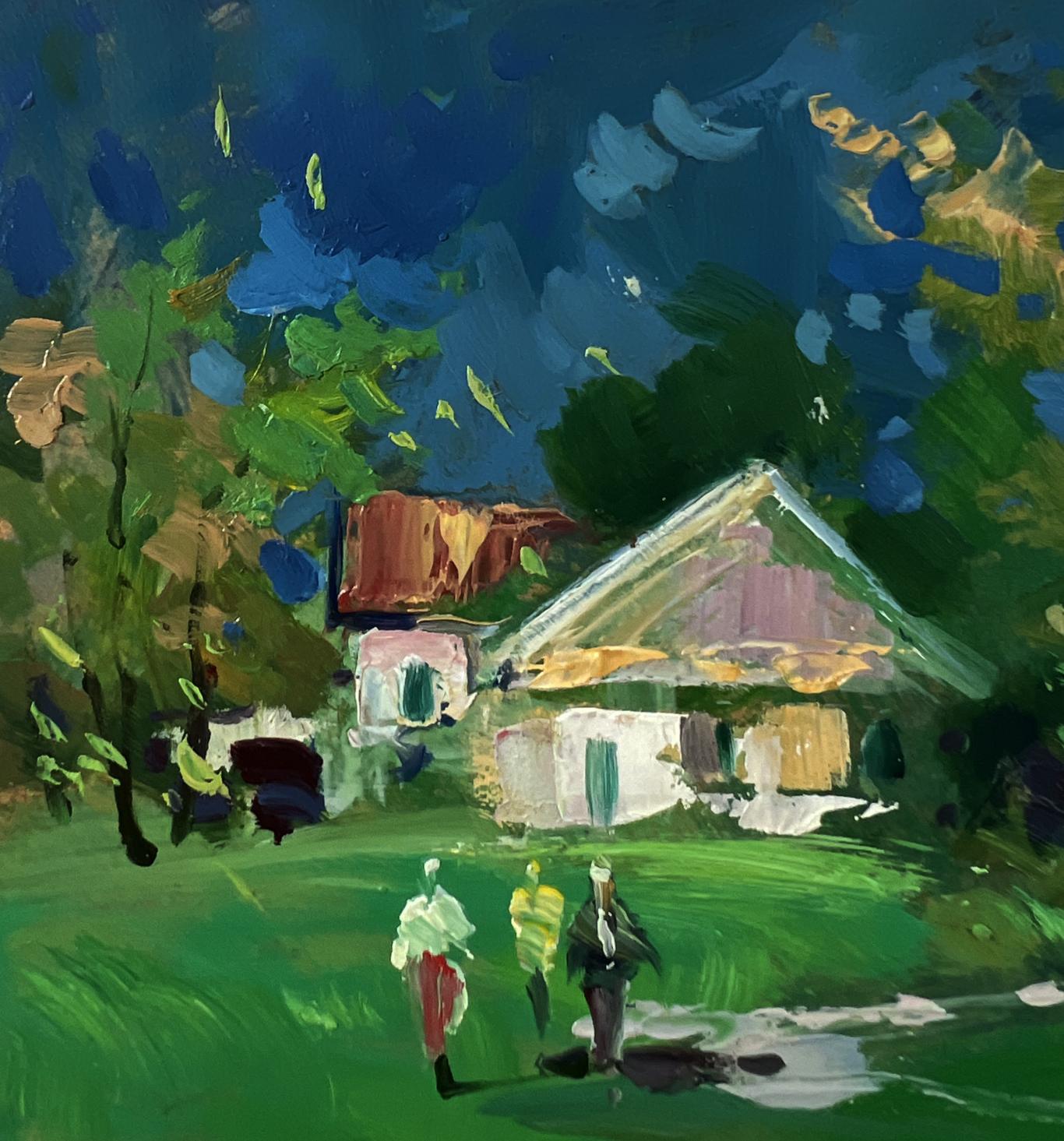 Vibrant impressionistic oil painting by Yuriy Suprunchuk of rustic village path house