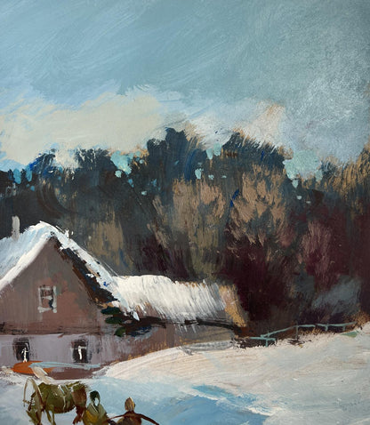 Oil painting of snow-covered house with sloped roof by Yuriy Suprunchuk