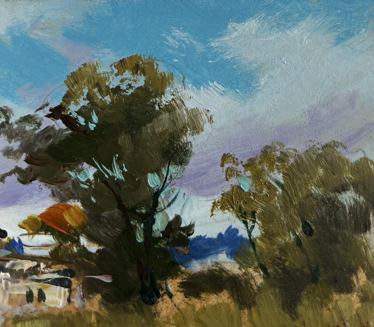 Textured oil painting by Yuriy Suprunchuk of wild flowers near house with trees