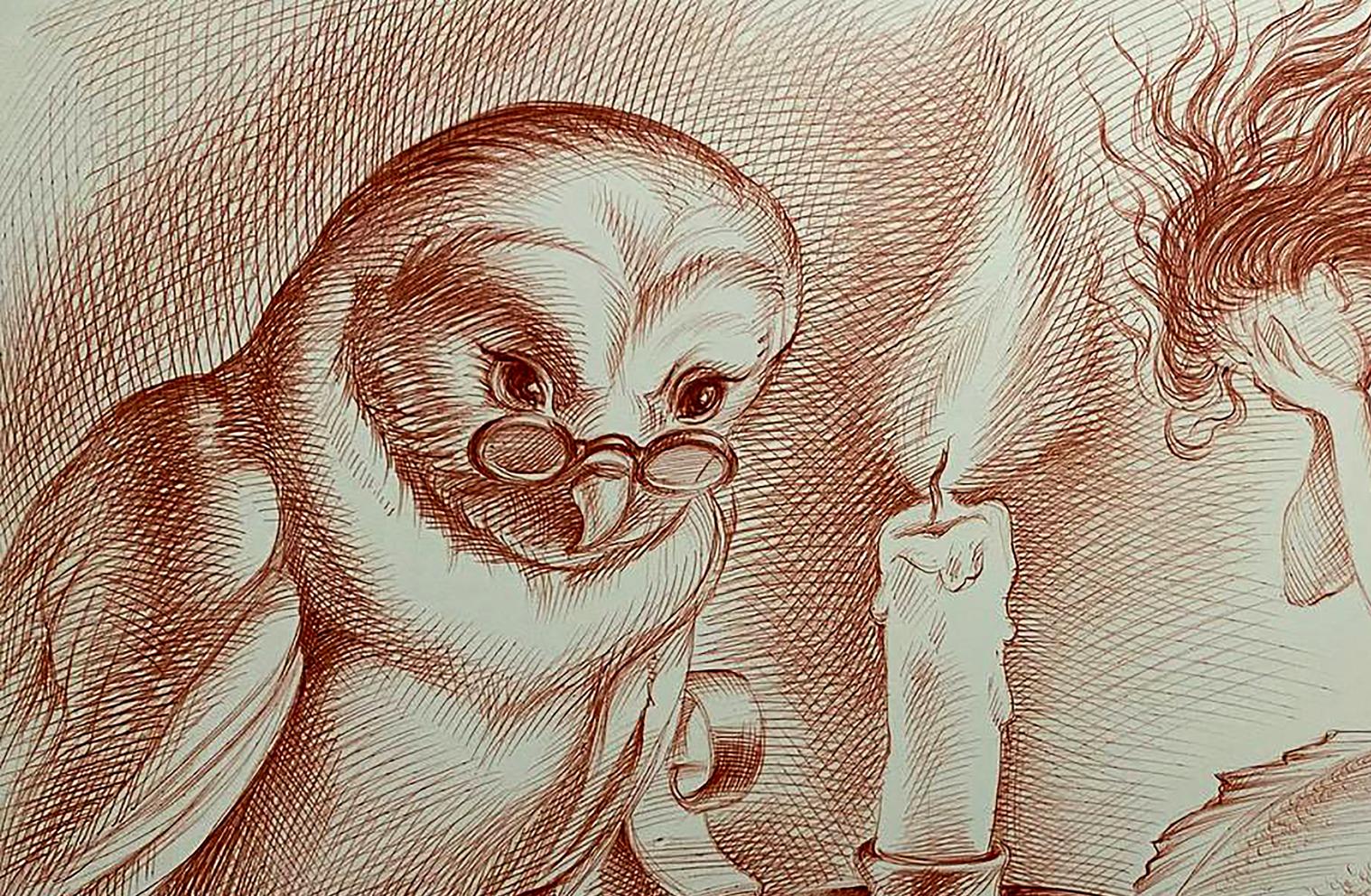 Wise owl in spectacles with candle, Pen painting Reading Wisdom by Natalia Bulat