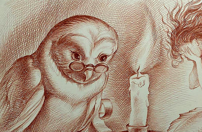 Wise owl in spectacles with candle, Pen painting Reading Wisdom by Natalia Bulat