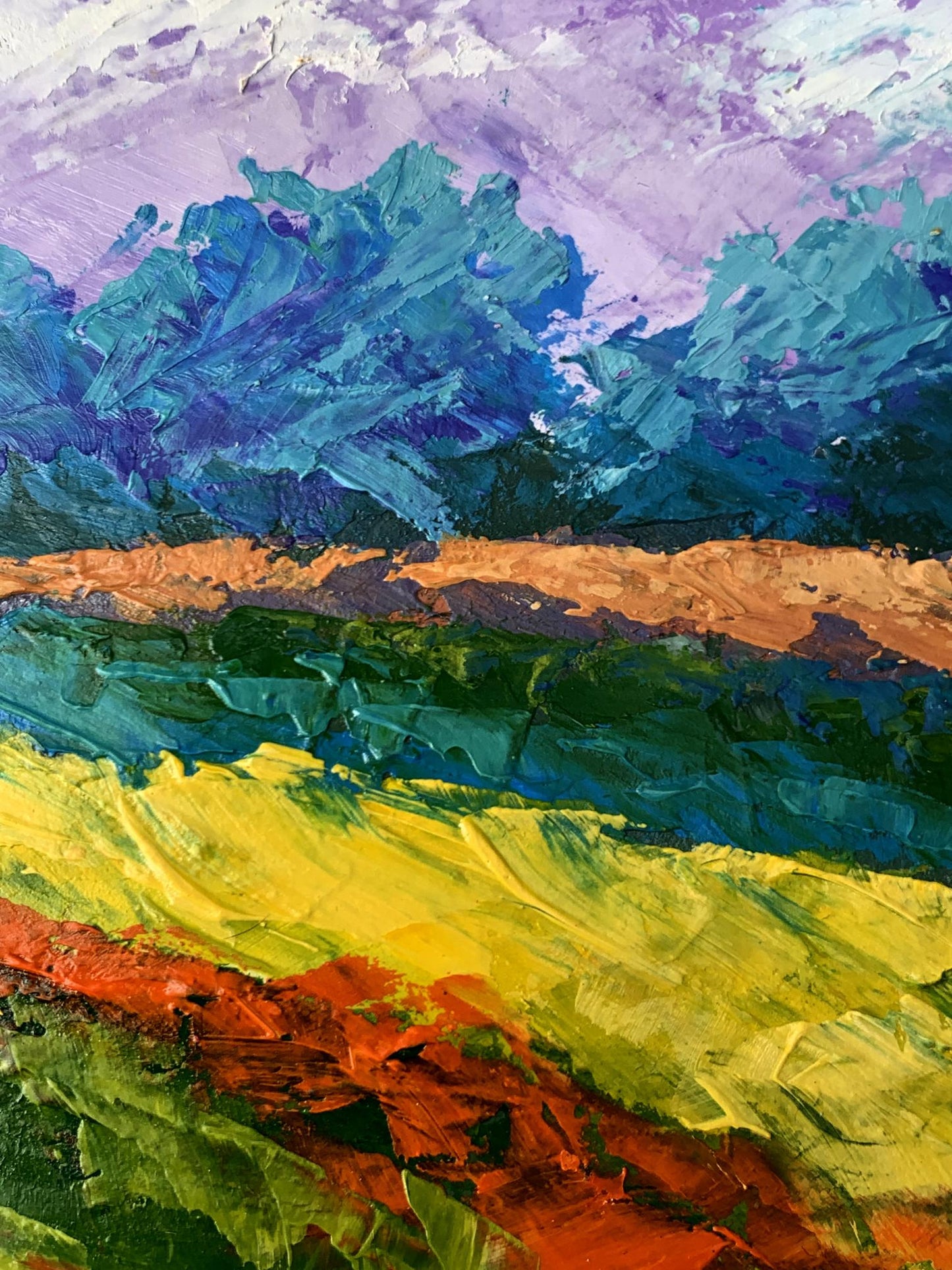 Oil painting Cloudy sunny day V. Zadorozhnya vibrant purple sky teal trees