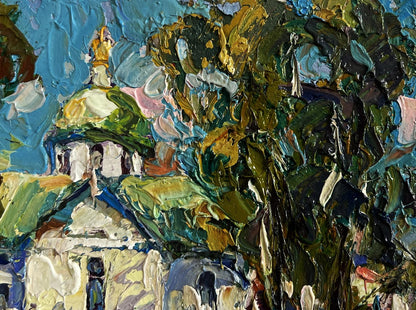 Vibrant oil painting Hike to the Monastery by Oksana Ivanyuk, white-domed church in lush foliage