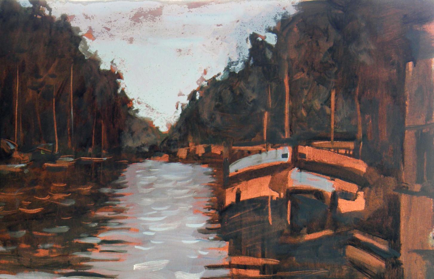 Impressionistic oil painting of city canal by Ed Potapenkov