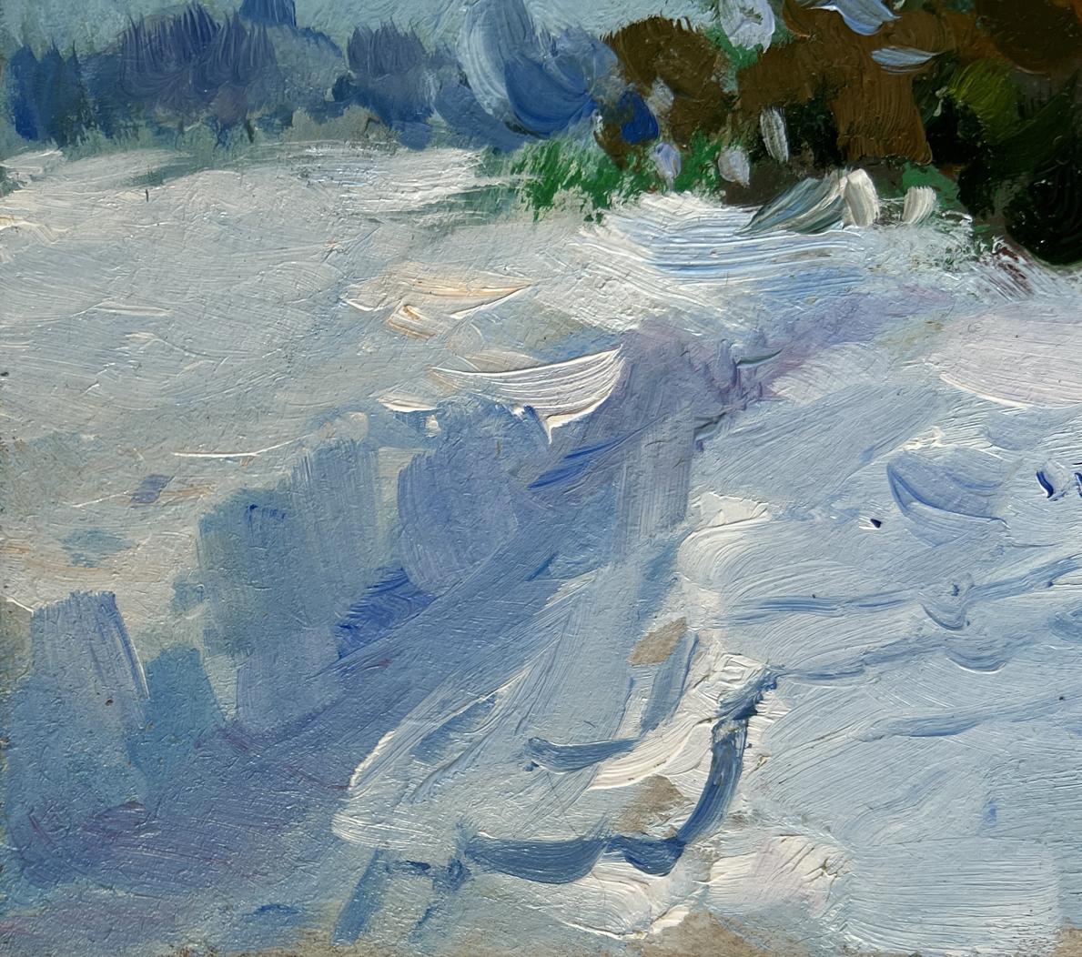 Textured impressionist oil painting of Yuriy Suprunchuk house in snowy landscape