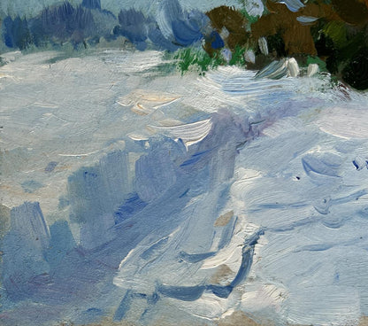 Textured impressionist oil painting of Yuriy Suprunchuk house in snowy landscape
