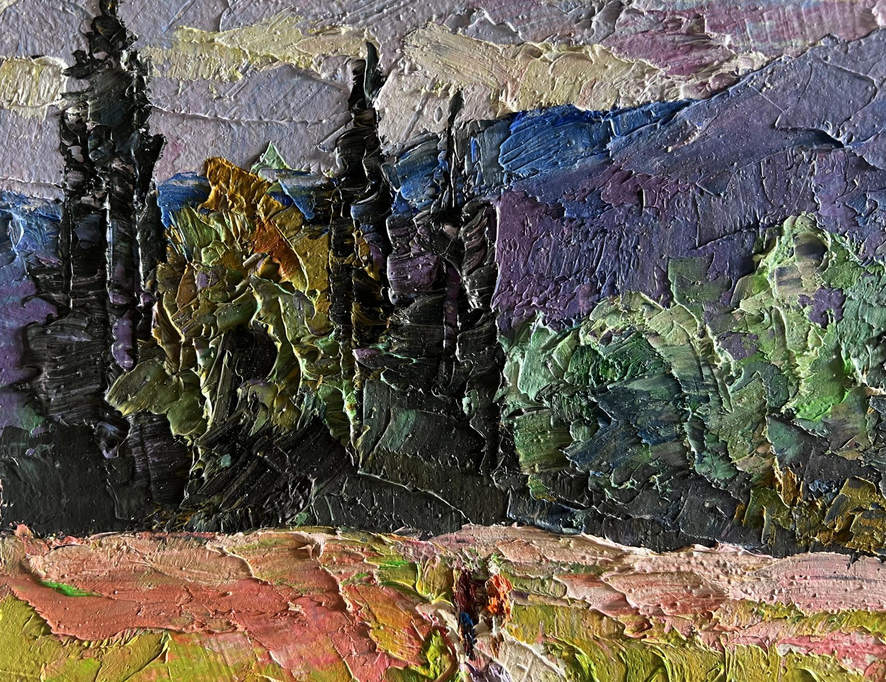 Oil painting Flowery mountain meadows by Boris Serdyuk, impasto textured landscape