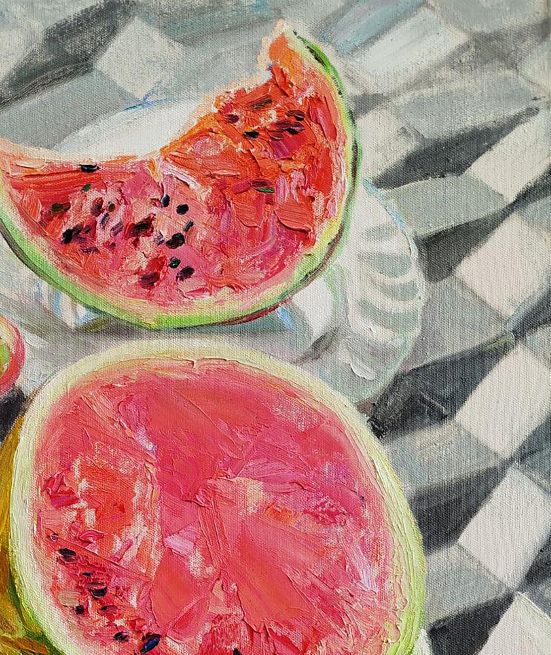 Oil painting of watermelon slice with apple by Leonid Pavlenko