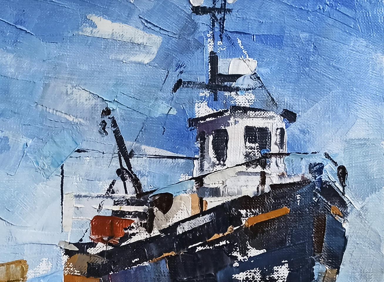 Oil painting Ship in port by Volodymyr Gluhomanyuk, textured boat in blue sky