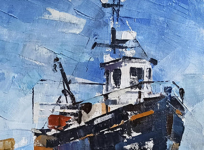 Oil painting Ship in port by Volodymyr Gluhomanyuk, textured boat in blue sky