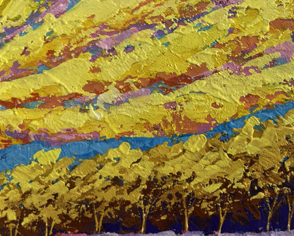 Vibrant oil painting of yellow sun rays over forest by V. Zadorozhnya