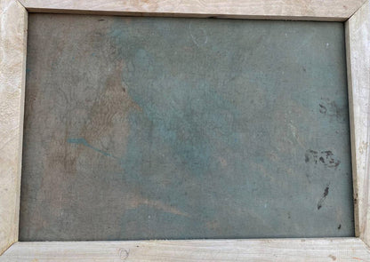 Weathered greenish-gray slate board back of oil painting A girl with a guy near a well