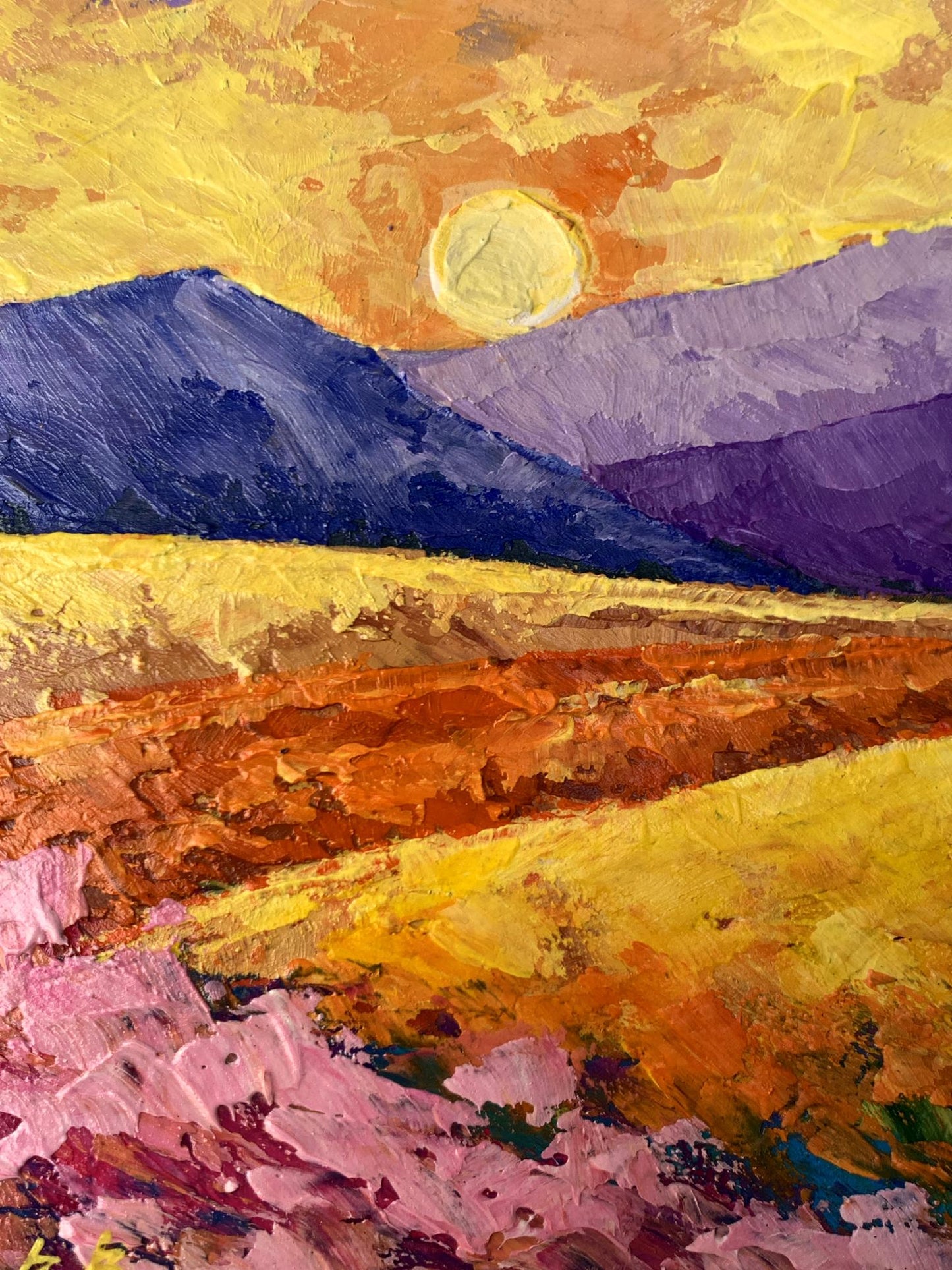 Vibrant impressionist oil painting Sun over the mountains by V. Zadorozhnya