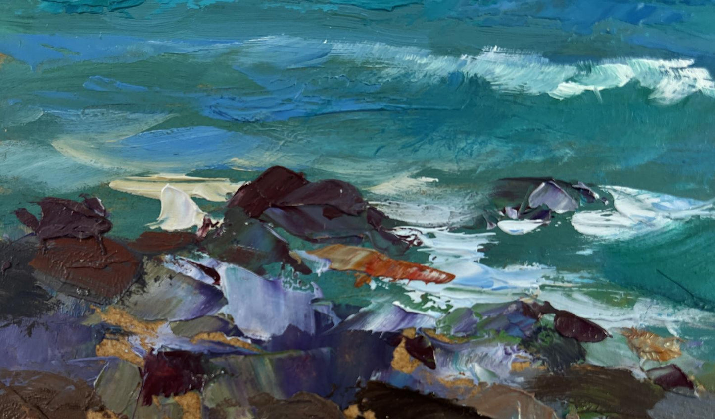 Oil painting of sailboats at sea crashing turquoise waves on rocky shore by Yuri Suprunchuk