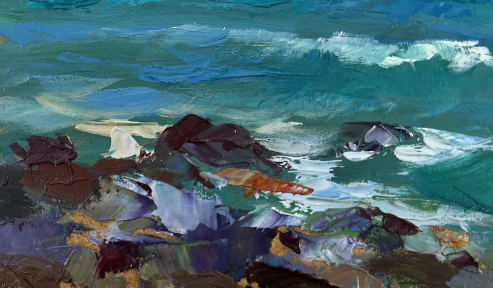 Oil painting of sailboats at sea crashing turquoise waves on rocky shore by Yuri Suprunchuk