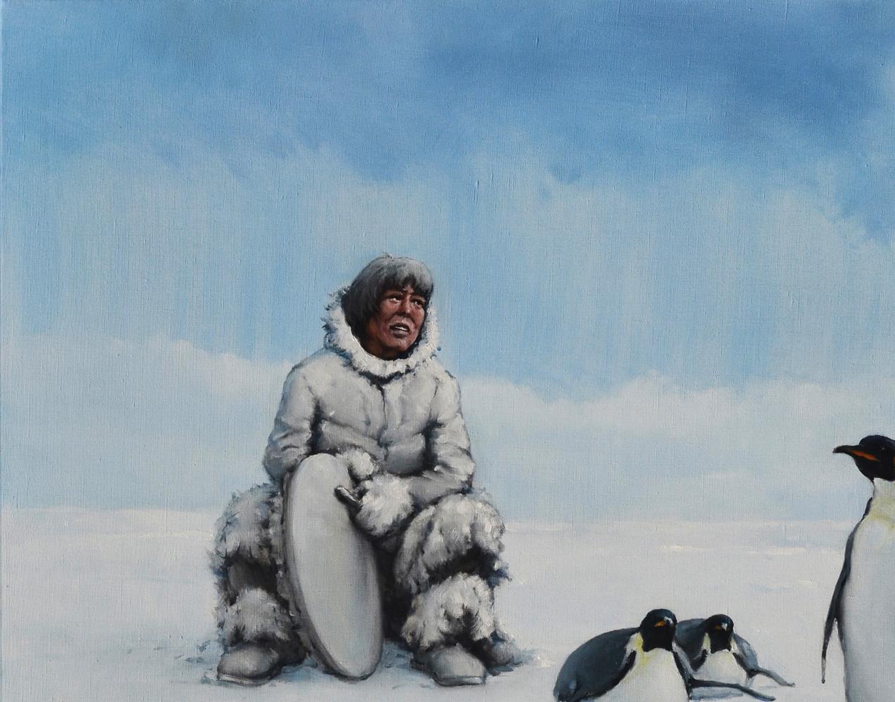 Oil painting of penguins, man in white fur parka with drum on snow by Oleg Kateryniuk