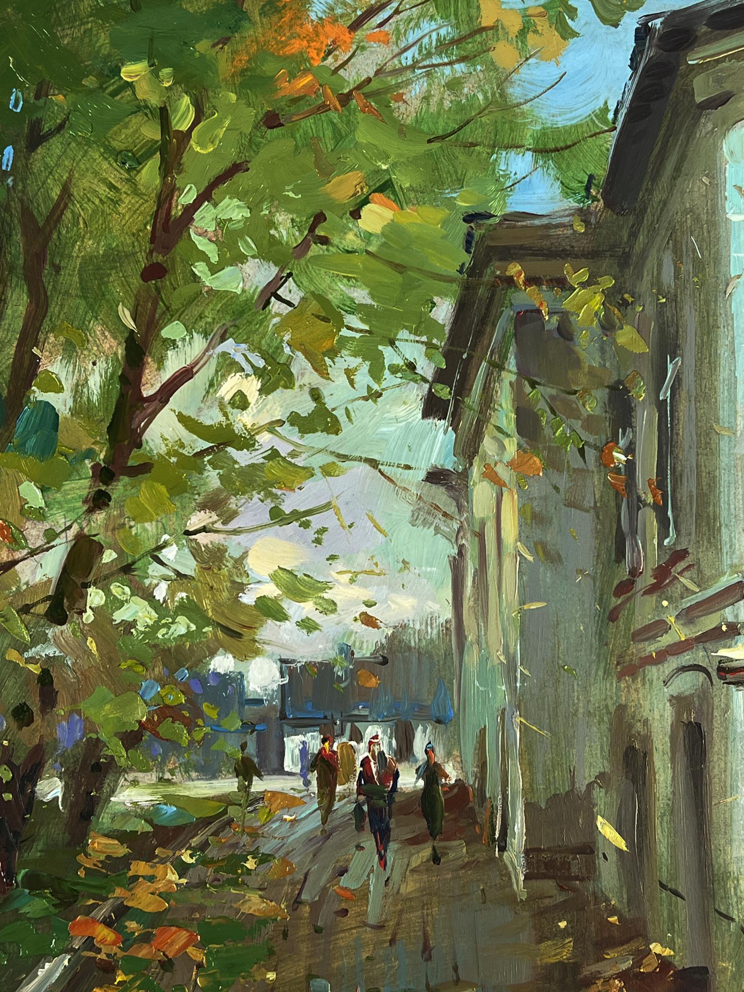 Vibrant impressionist oil painting of Yuriy Suprunchuk city street with lush trees